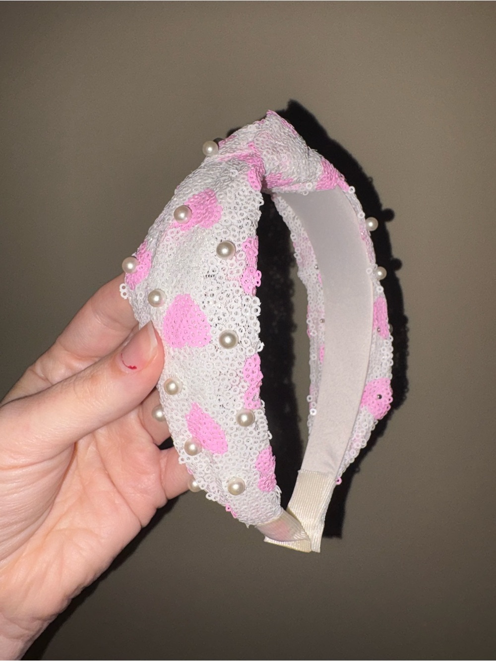 Pearl-Embellished Pink & White Heart Headband
